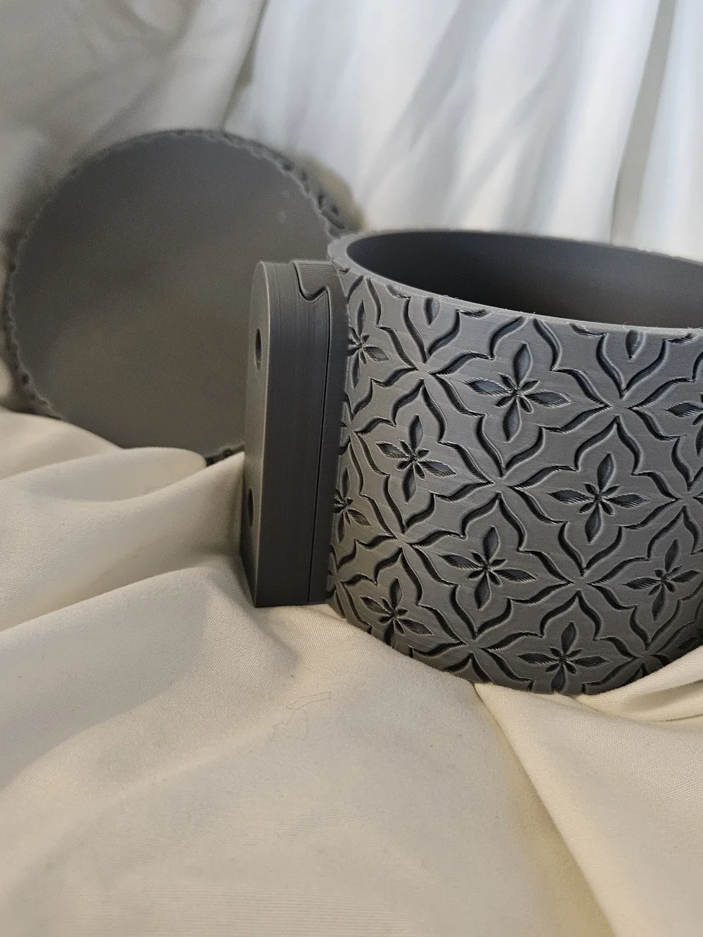 Decorative Gray Hanging Planter with Floral Relief Pattern - 3d Printed